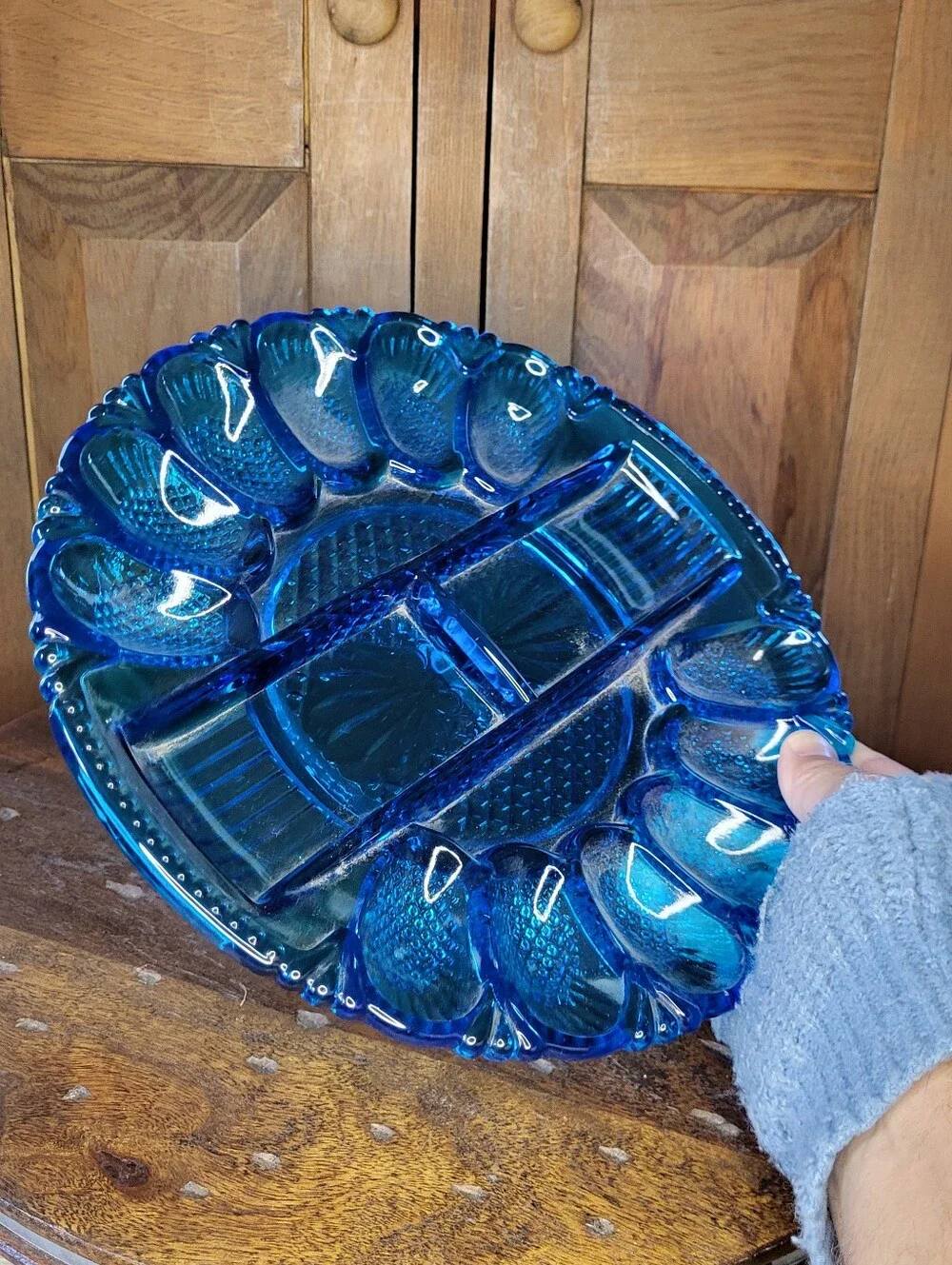Blue Glass Divided Serving Platter - Brand Unknown